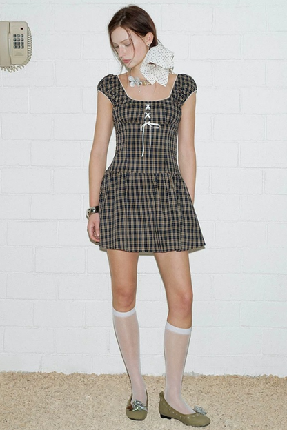 Navy Plaid Lace Dress