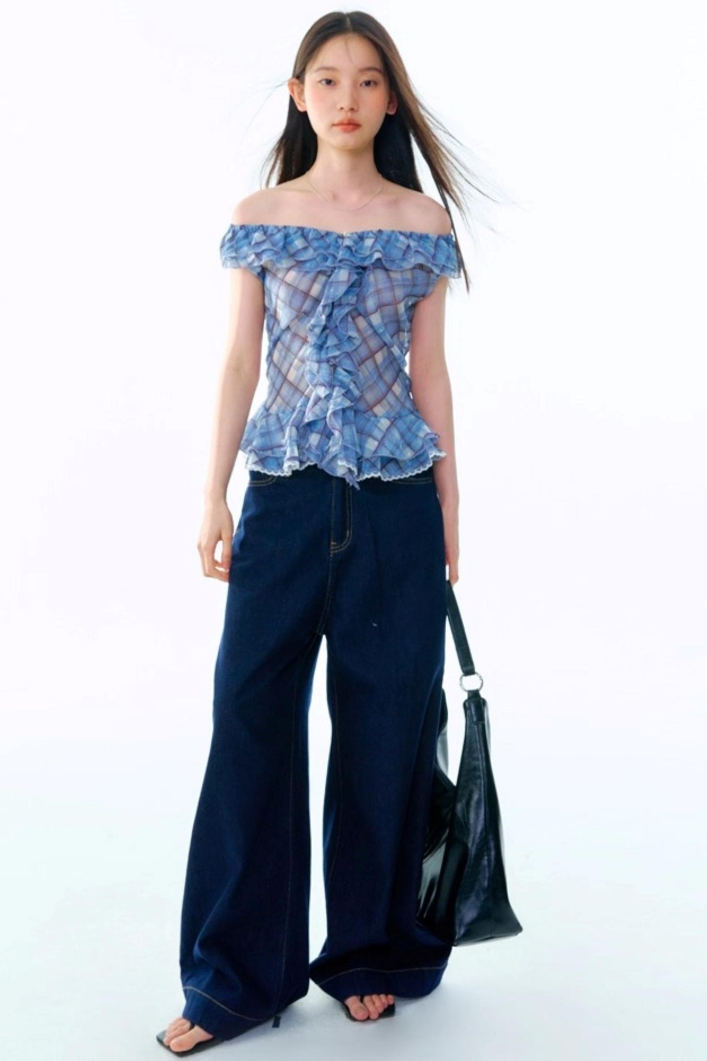 Plaid Ruffle V-Neck Top