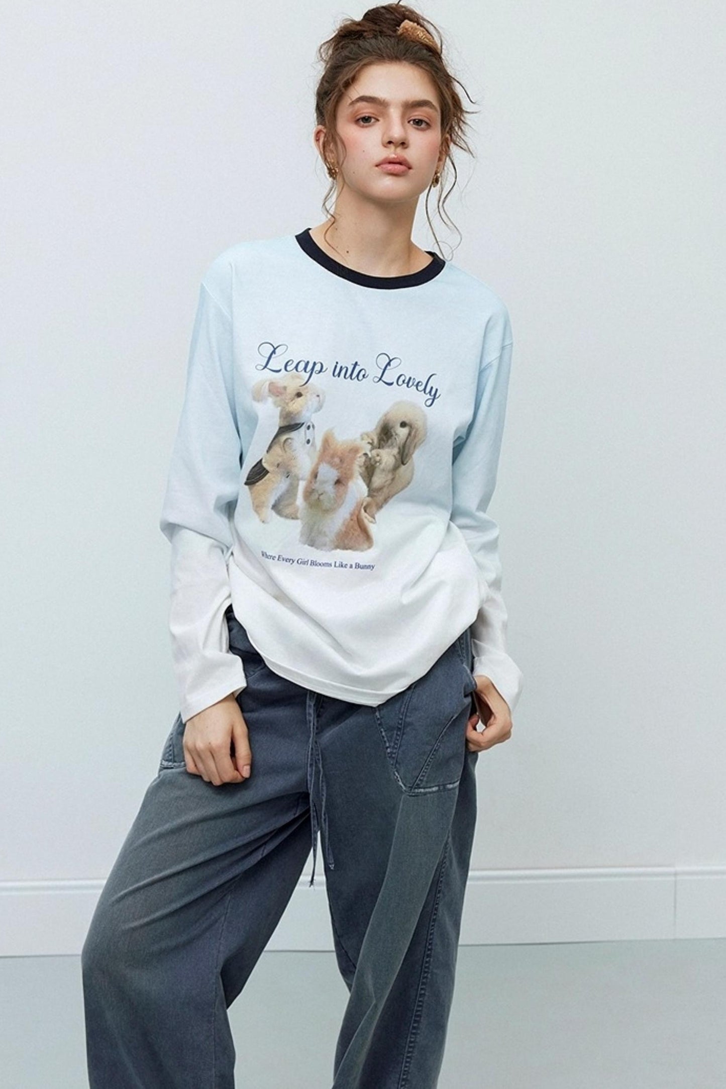 Washed Distressed Cuffed Waist Loose Pants