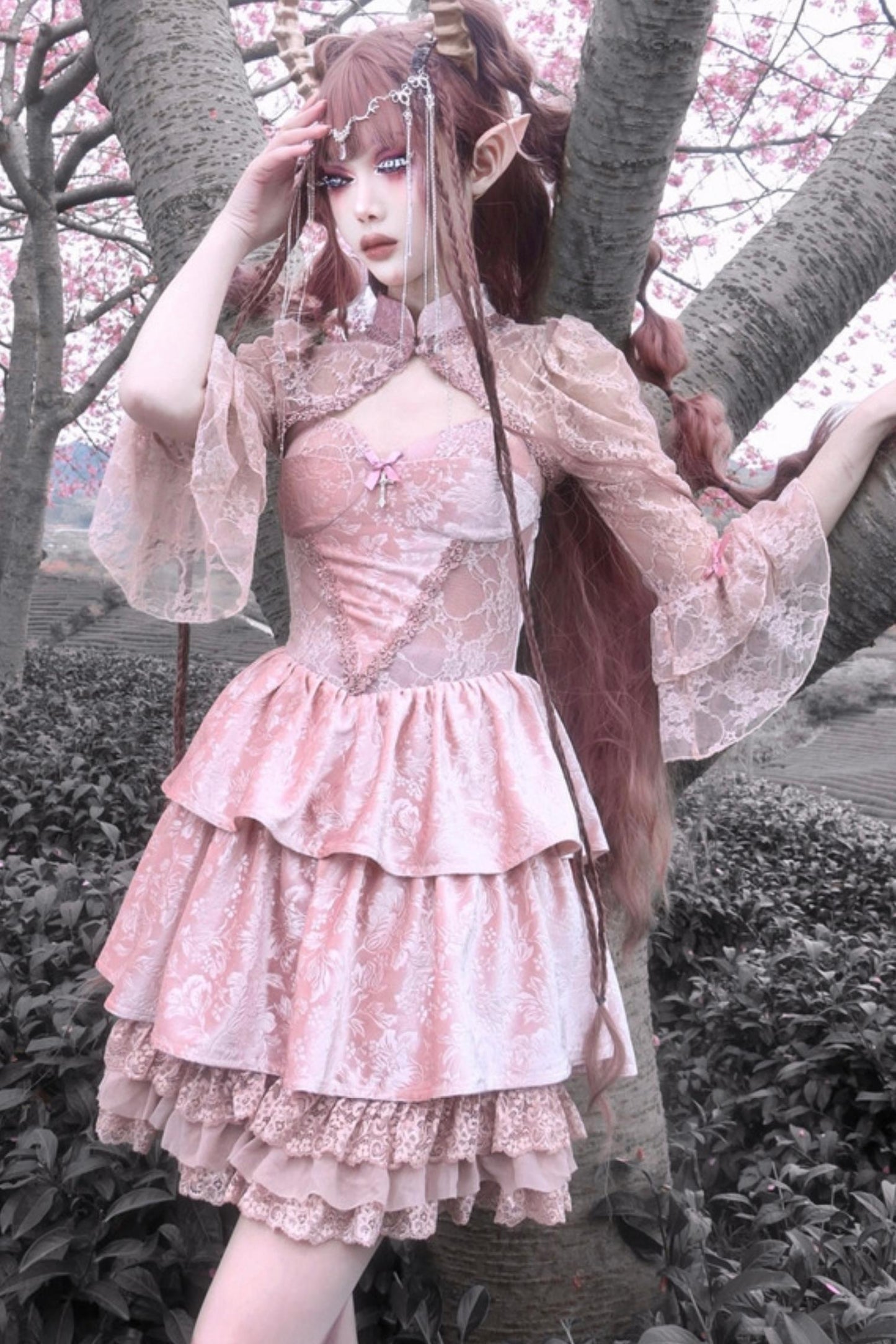 Gothic Lotus Root Pink Strap Dress Set-Up