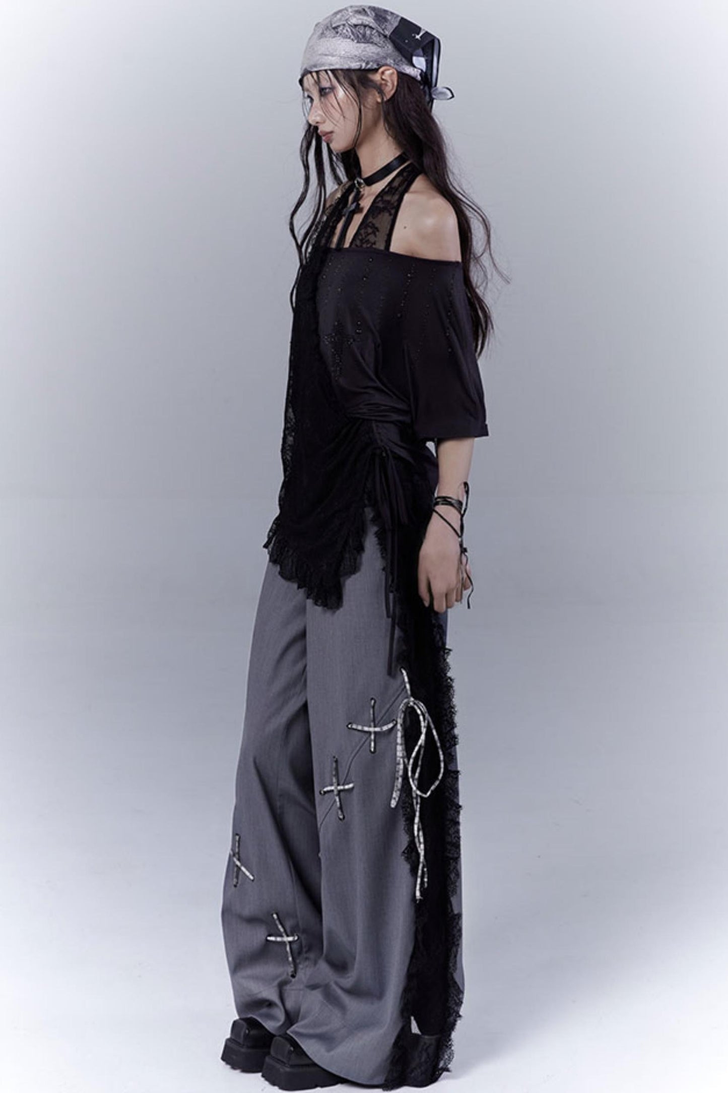 Gray Hollow Lace Fusion Casual Trousers