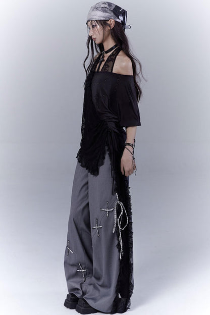 Gray Hollow Lace Fusion Casual Trousers