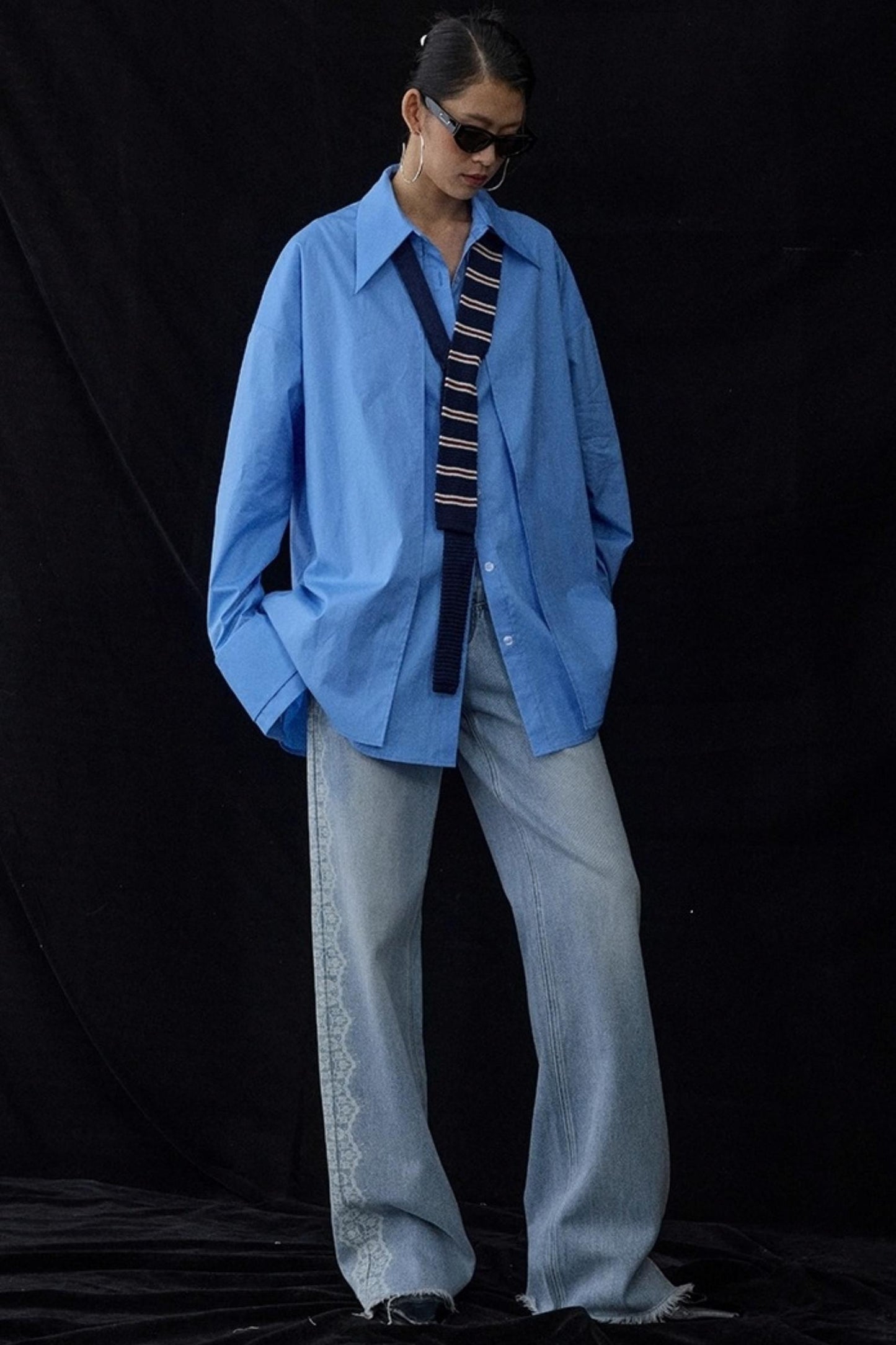 Blue Pointed Long-Sleeved Shirt