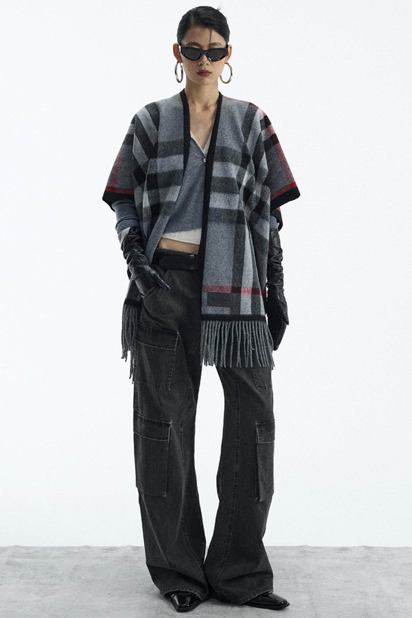 Wool Blend Plaid Cape Cardigan
