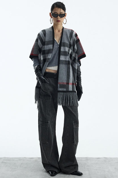 Wool Blend Plaid Cape Cardigan