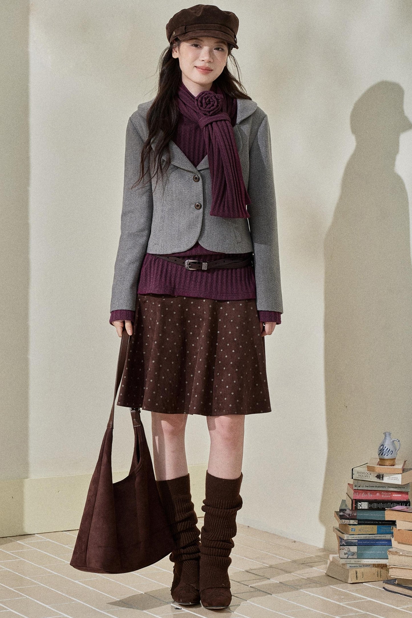 Purple Strip Knit Gray Woolen Jacket Set-Up