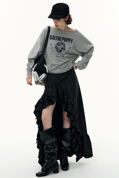 Puppy Print Slanted Shoulder T-Shirt