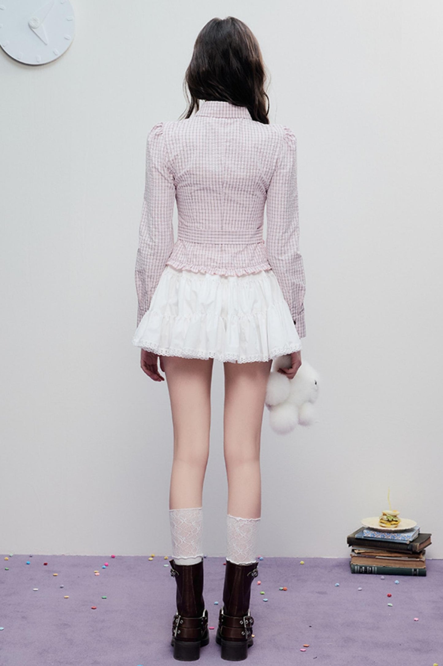 Spring Slim Plaid Ruffle Tie Shirt