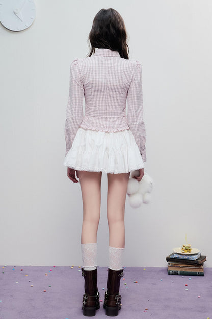 Spring Slim Plaid Ruffle Tie Shirt