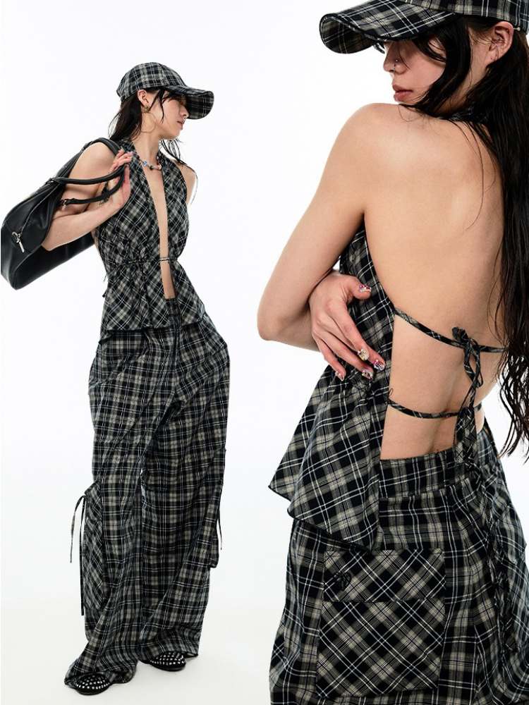 Gradient Plaid Pattern Wide Leg Cargo Pants