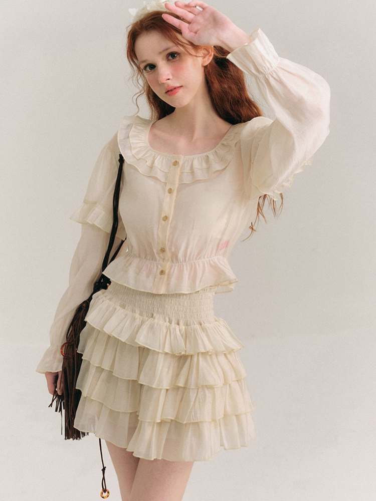 Ruffle Collar Shirt & Cake Mini Skirt