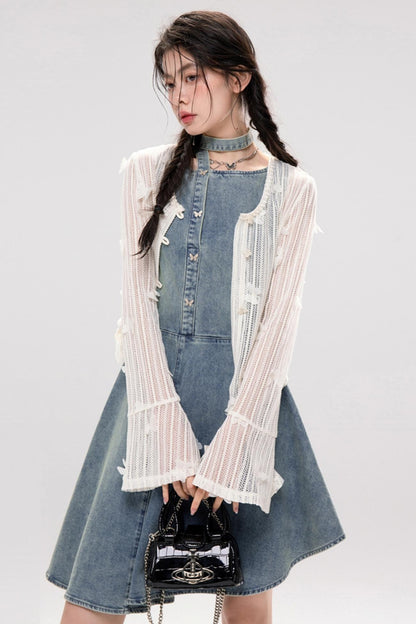 Elegant Ribbon Denim Dress