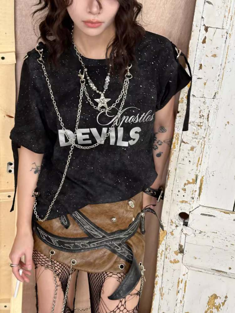 Punk Metal Chain Logo Print Tee