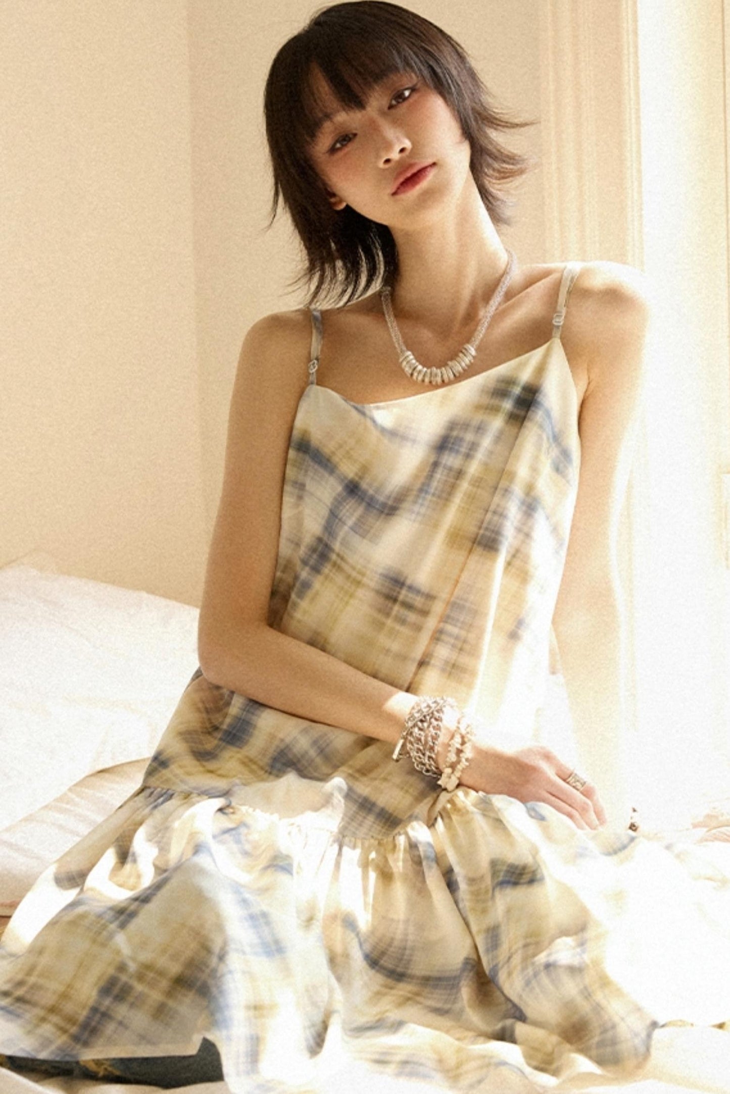 Illusion Plaid Halter Dress