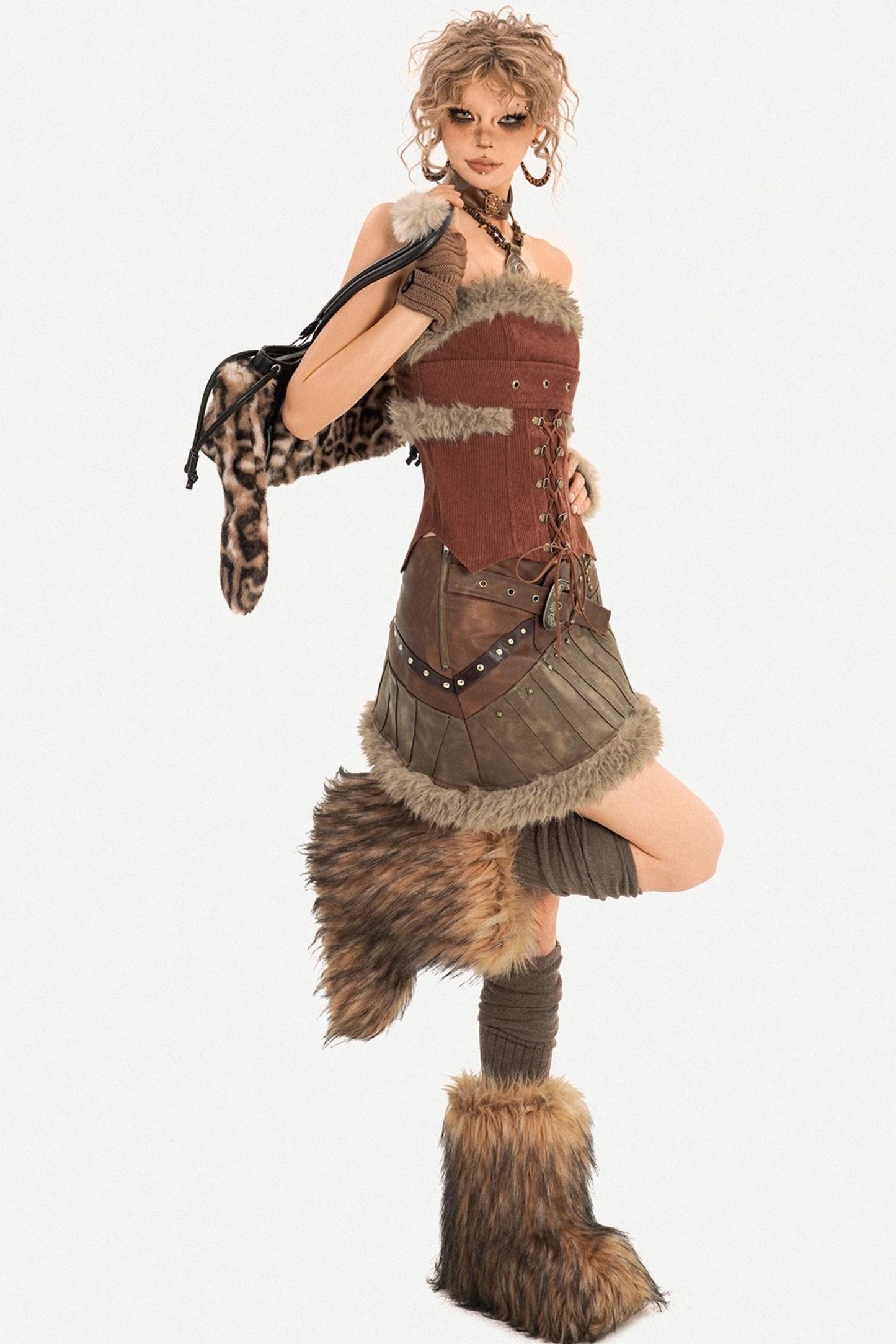 Furry Patchwork Leather Skirt Set-Up