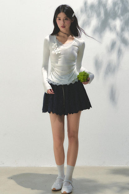 Navy Pleated Embroidered Skirt