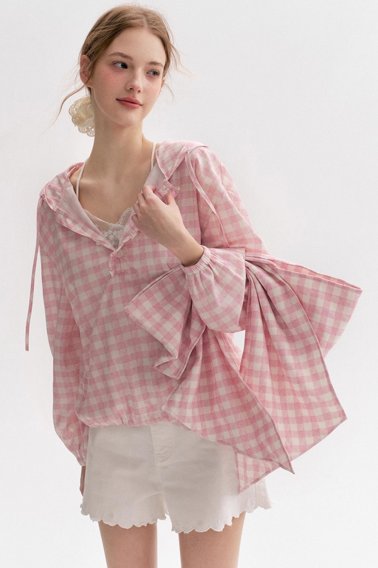 Cream Pink Plaid Lace Hooded Pullover Top