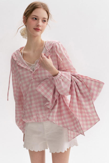 Cream Pink Plaid Lace Hooded Pullover Top