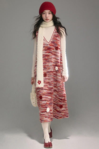 Red Vintage Crochet V-Neck Vest Dress