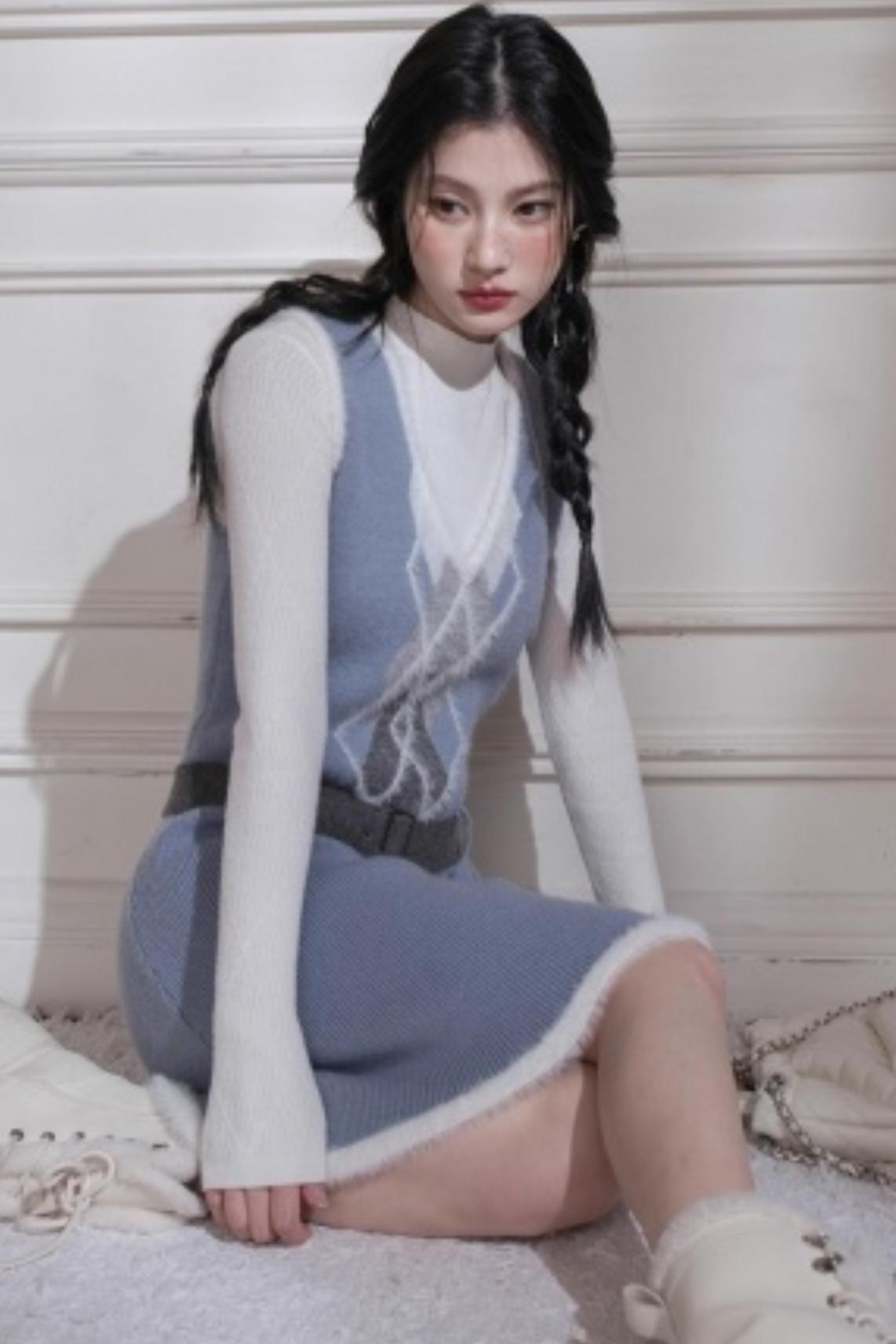 Mist Blue Diamond Plaid Vest Dress