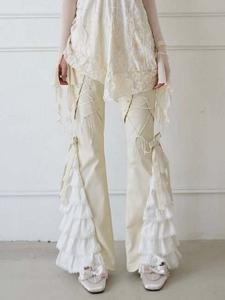 Lace-Up Tiered Bowknots Flared Pants