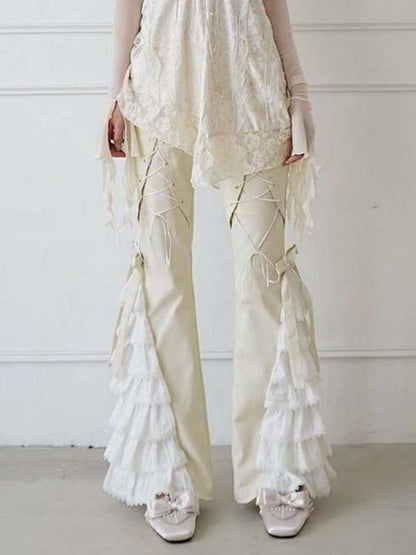 Lace-Up Tiered Bowknots Flared Pants