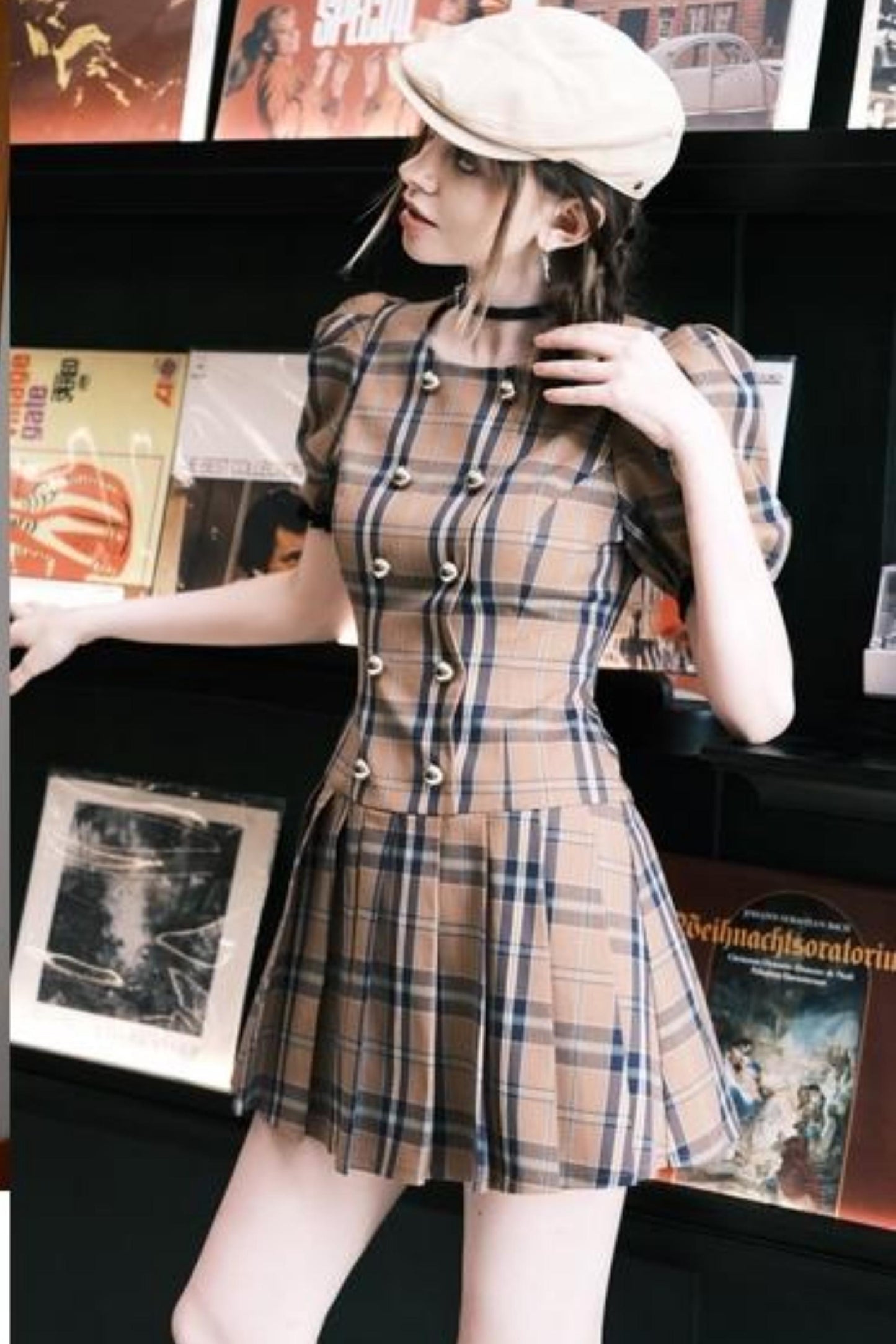 Bubble Sleeves Plaid Dress
