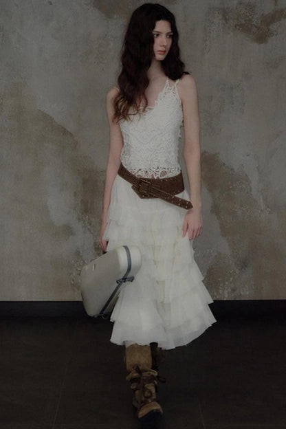 Embellished Lace Vest and Ruffle Skirt Set-Up