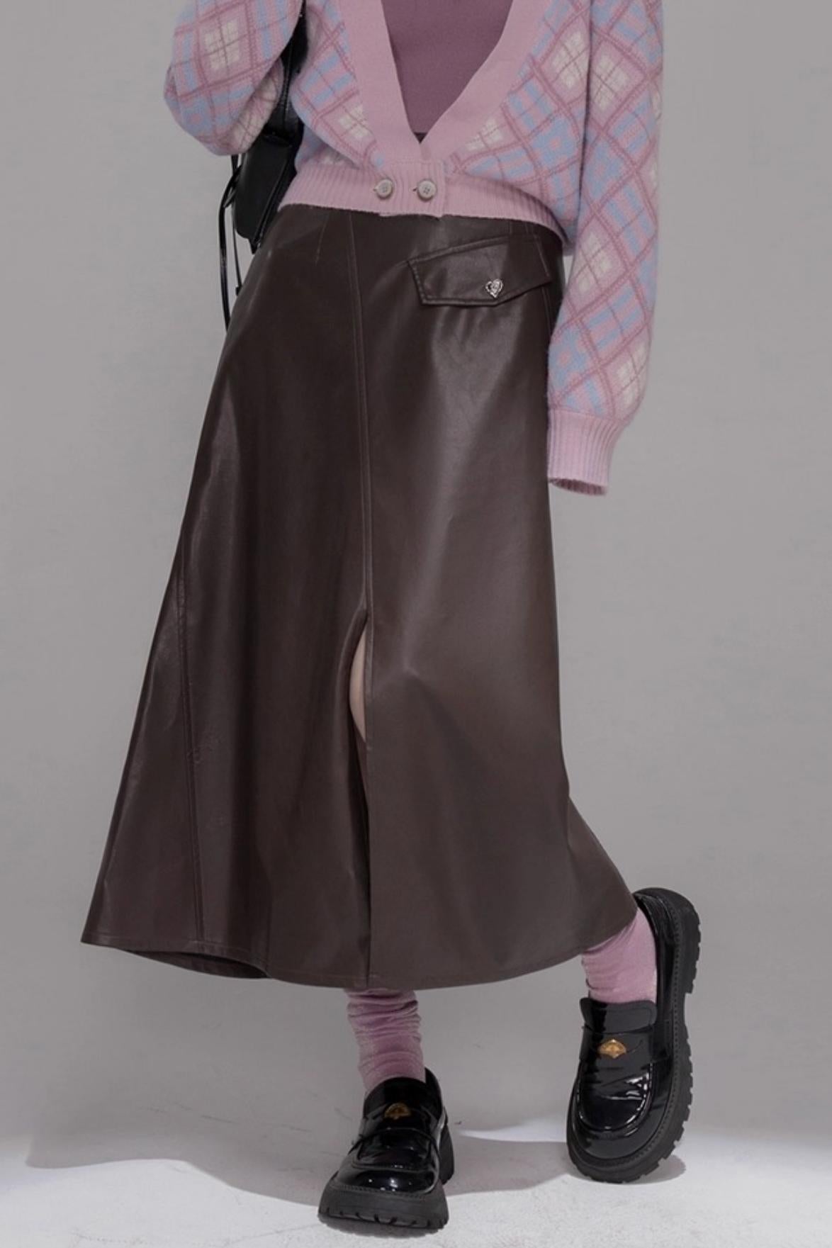 Rich and Crafty Brown Slit Leather Skirt