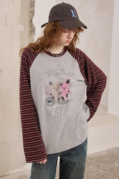 Bear Print Striped Long Sleeve T-Shirt