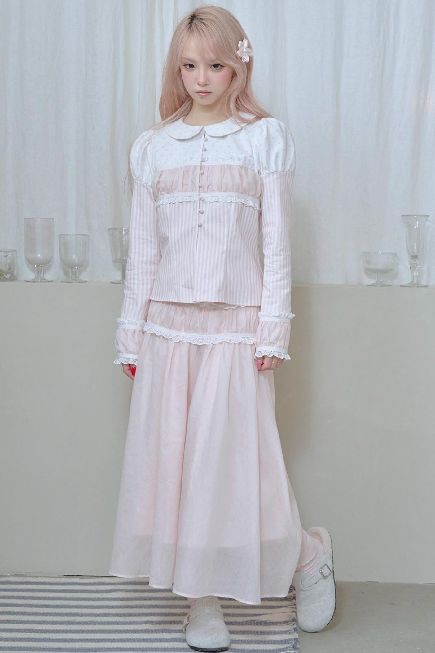 Doll Collar Stripe Lace Top