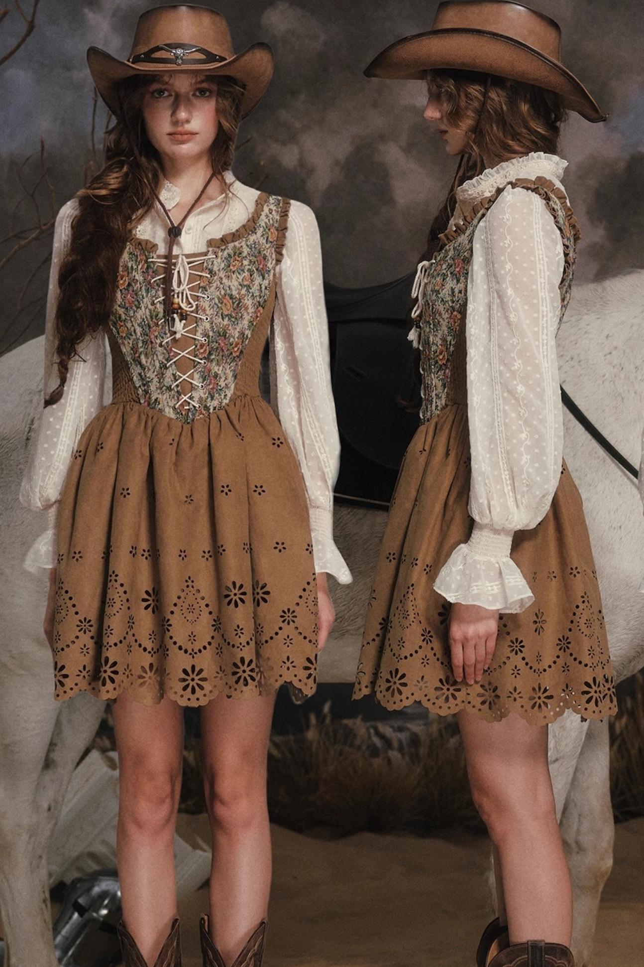 Vintage Country Print Suede Dress Set-Up