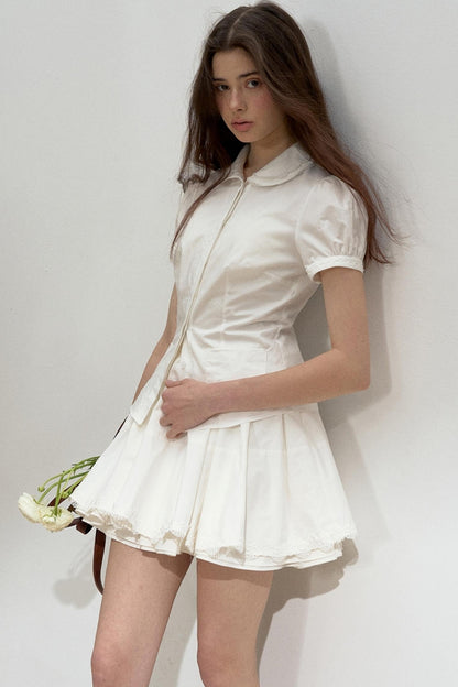 Lace-Collared Cotton Blouse Set-Up