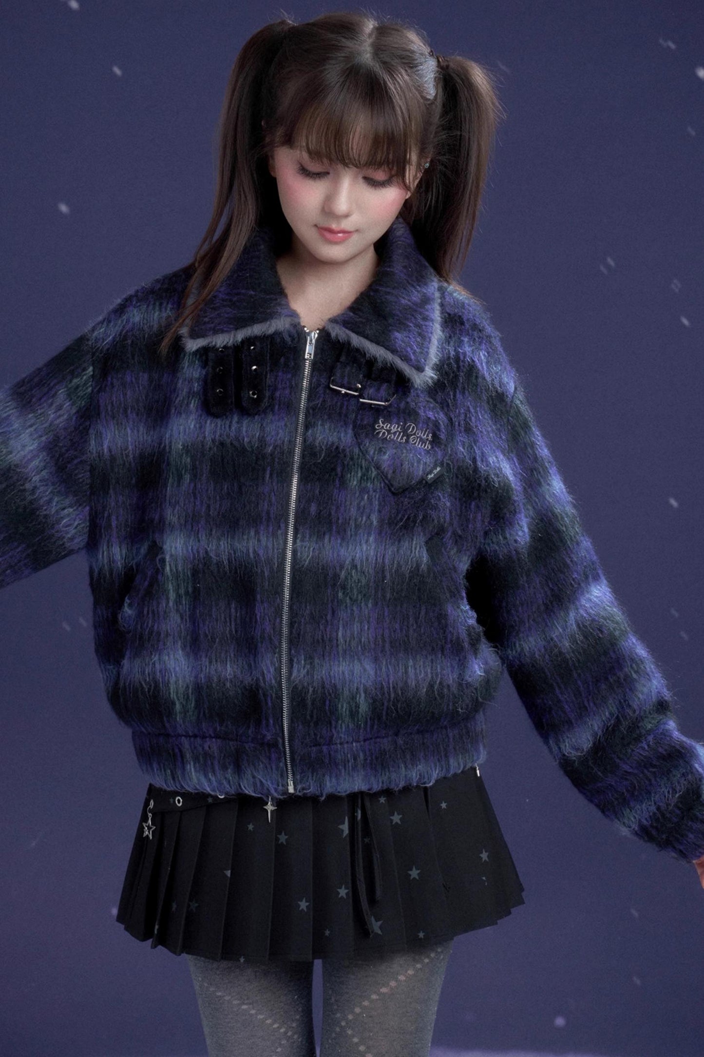 High-Neck Plaid Woolen Coat