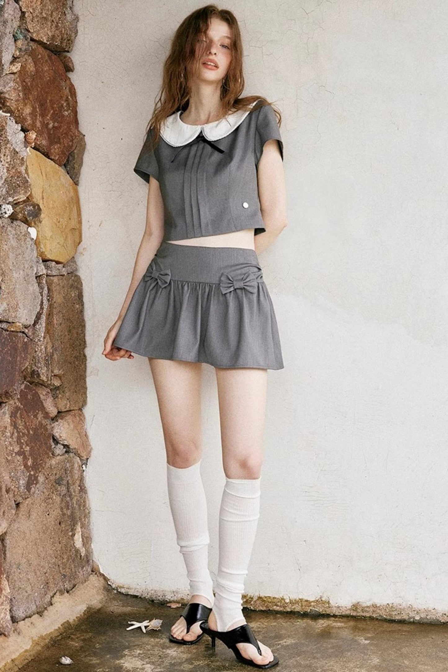 Gray Bowknot Halter Skirt Set-Up