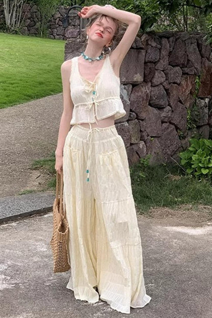 Beige Textured Lace Skirt Set-Up