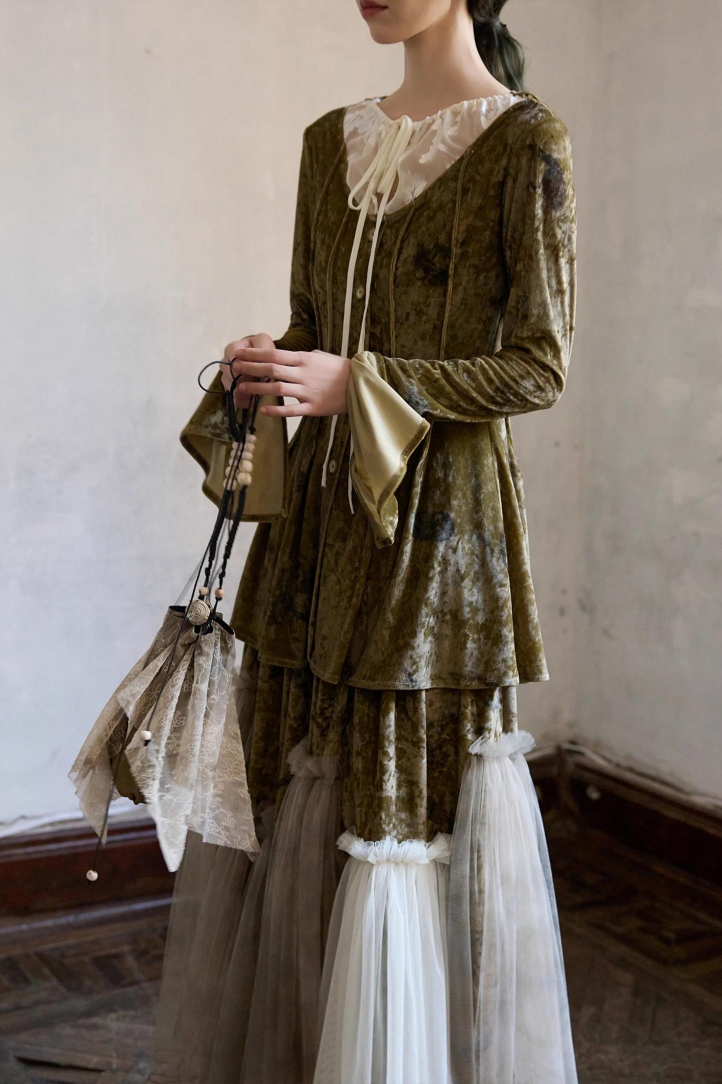 French Velvet Long Sleeve Lace-up Top