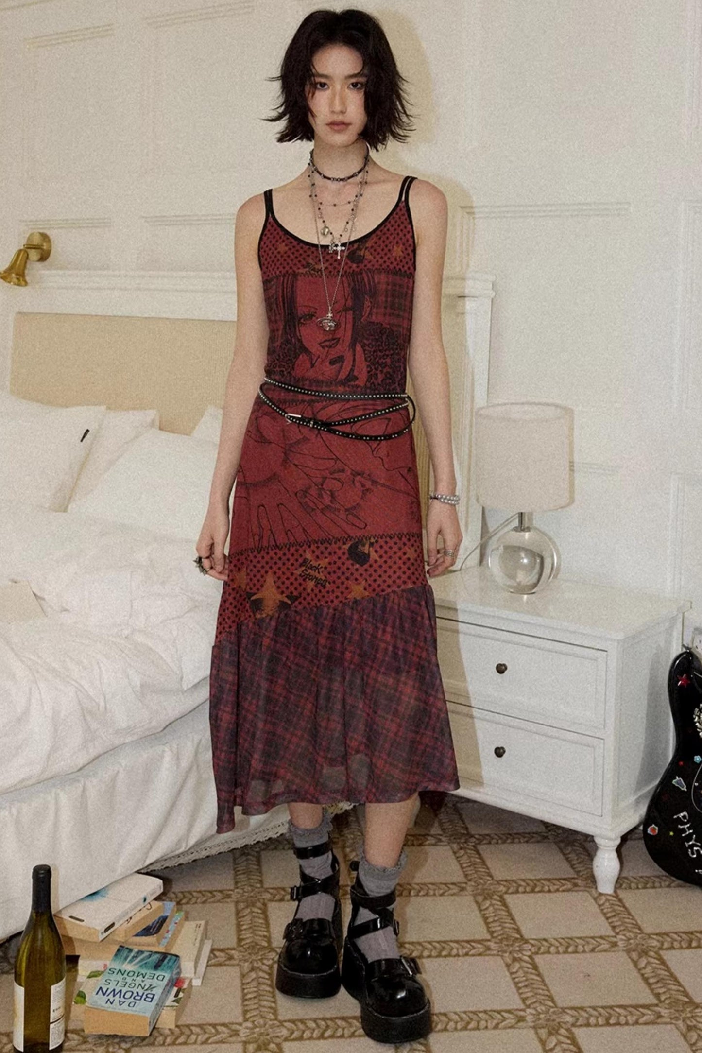 Red Printed Strap Dress