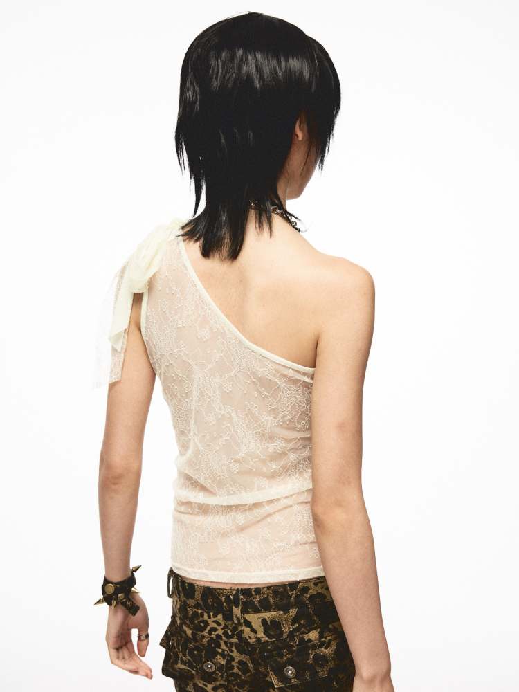 Back Flower Stitched Lace One-Shoulder Print Tops