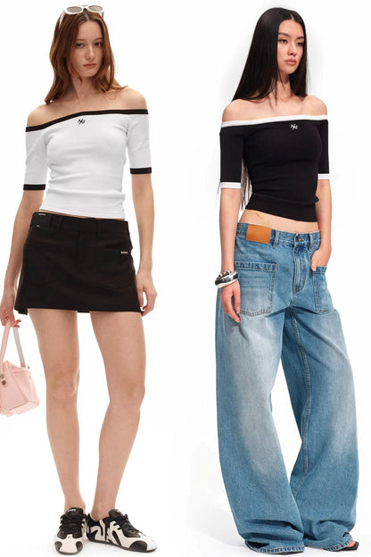 Off-Shoulder Contrast Knit Top