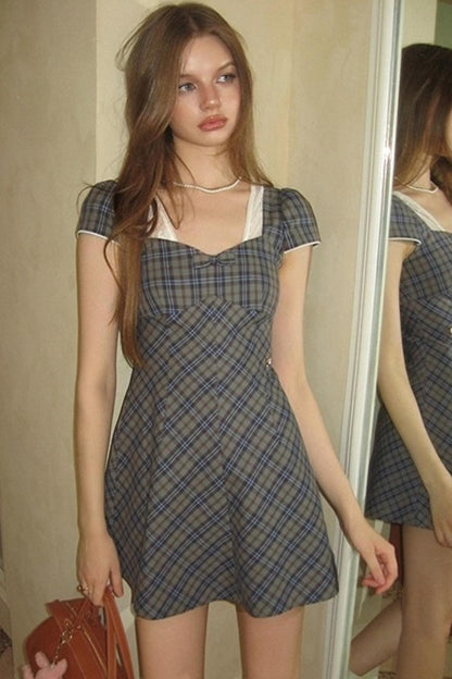 Plaid Lace Bow Short Sleeve Dress