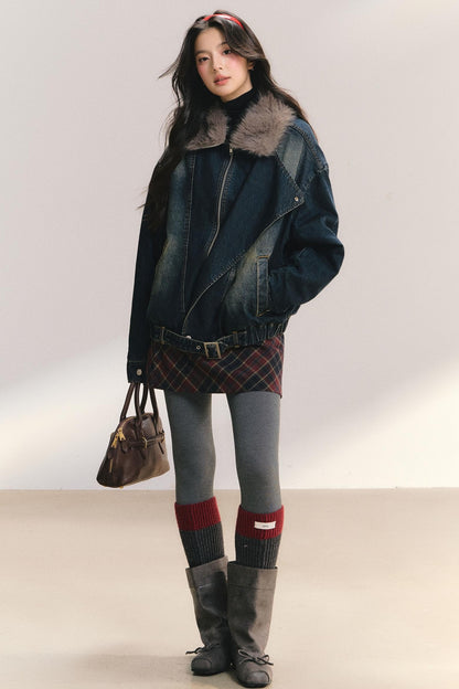 Large Fur Collar Denim Jacket