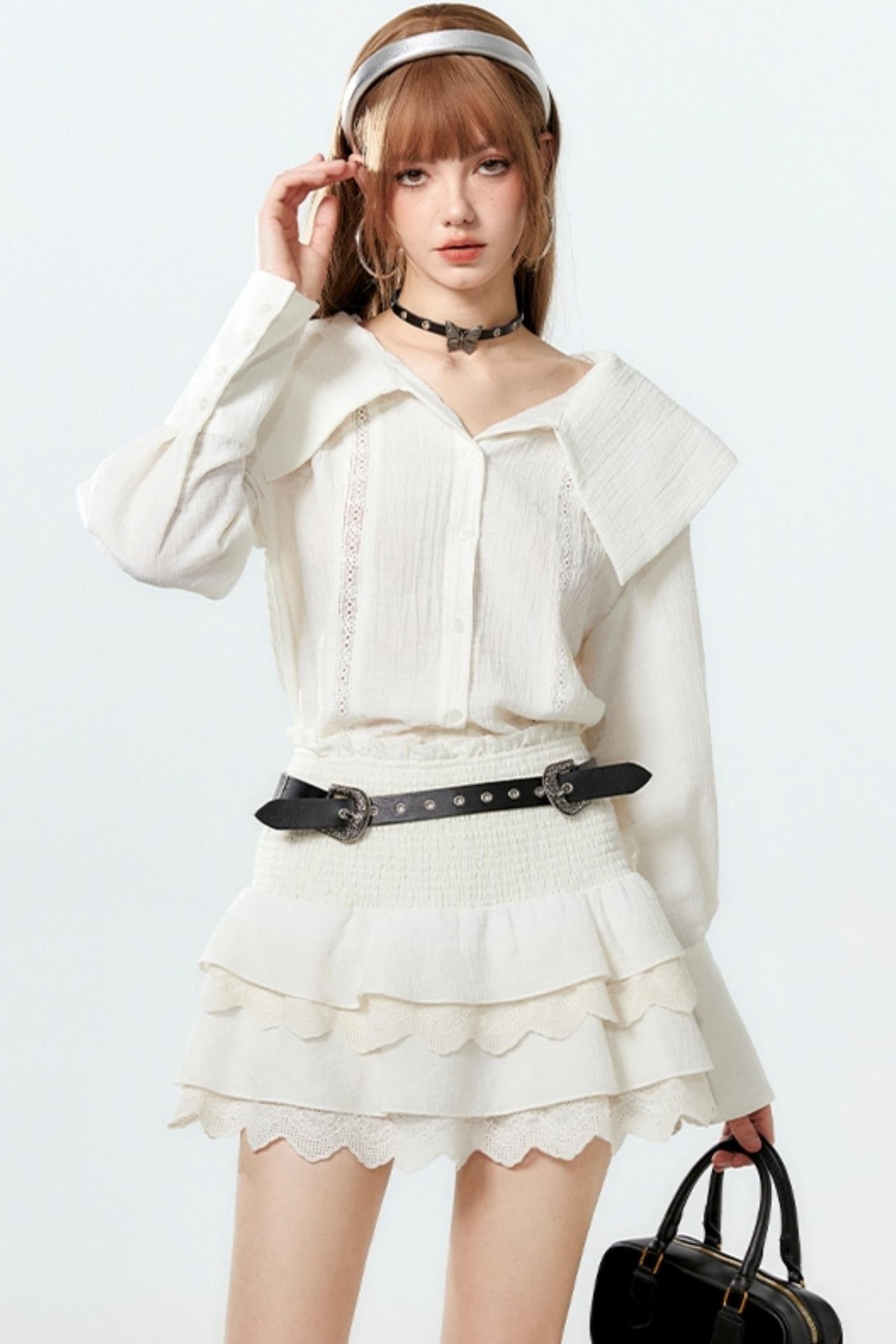 Sheer Lace Big-Collar Mint Blouse