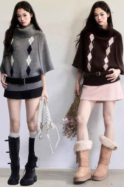 Retro Diamond Wool Knit Cape Sweater