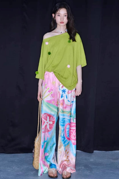 Bird and Floral Wide-Leg Pants