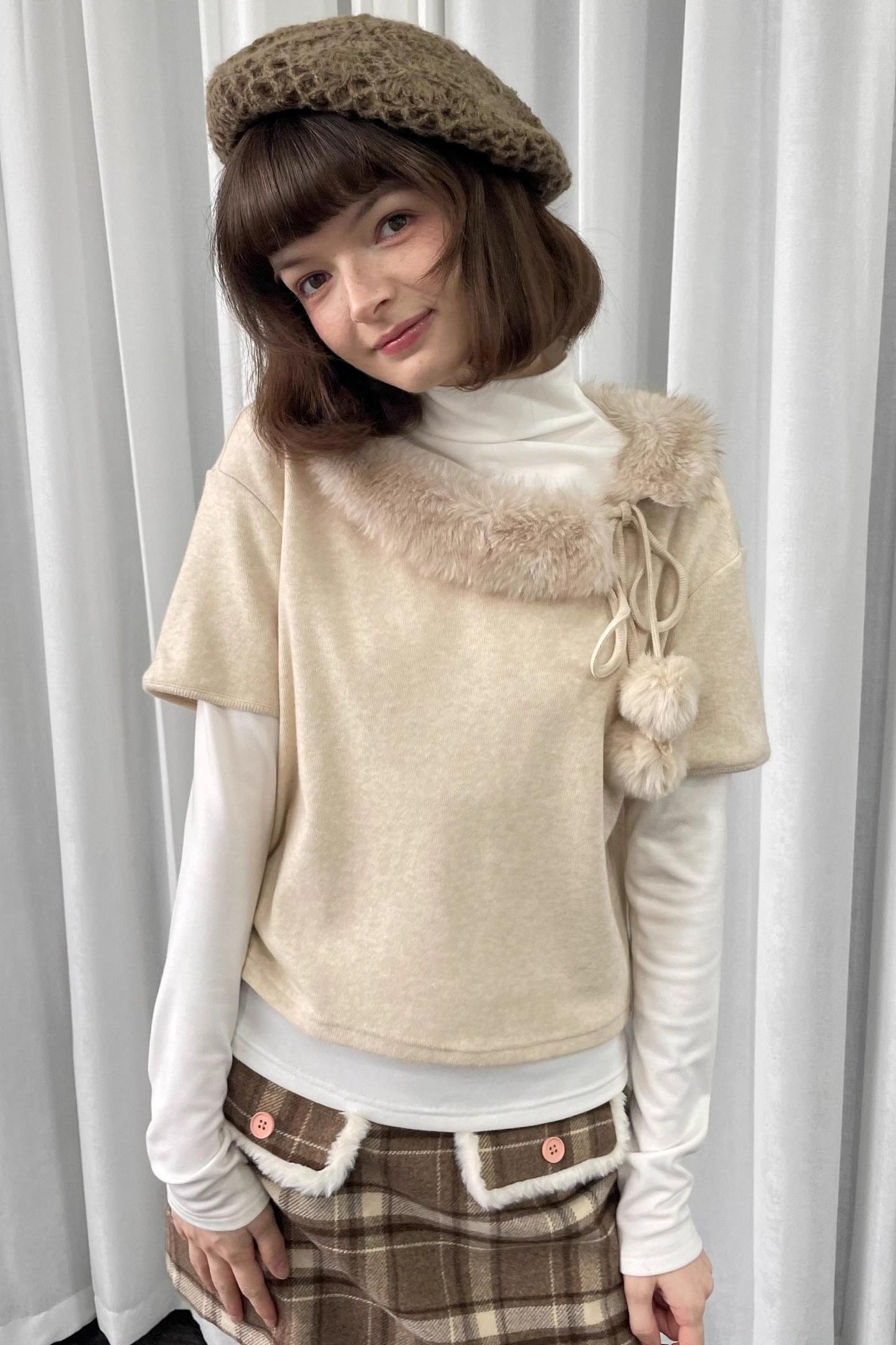 Beige Fur Collar Layered Top