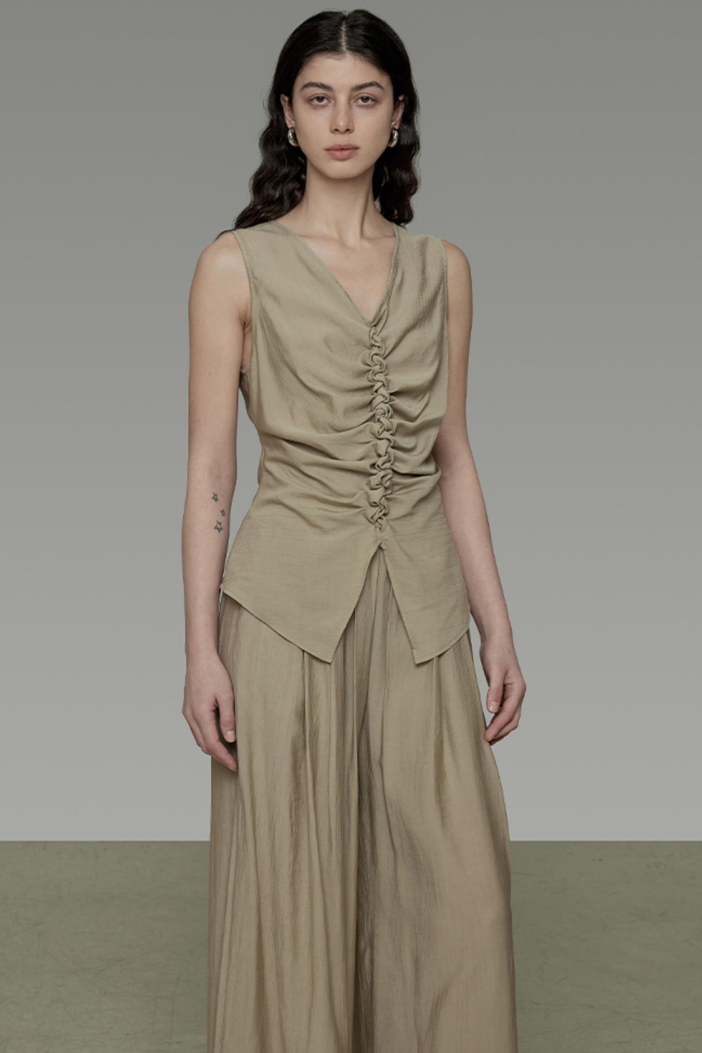 Khaki V-Neck Sleeveless Top