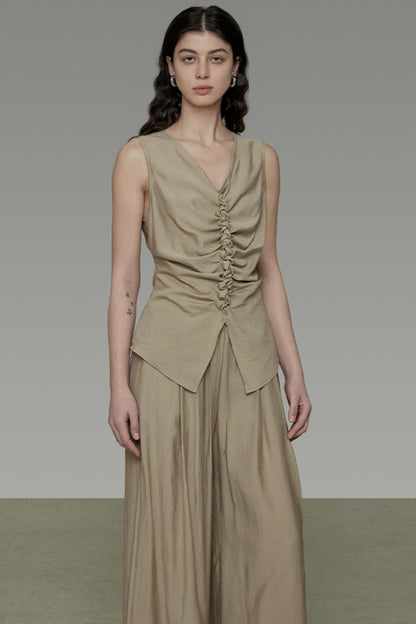 Khaki V-Neck Sleeveless Top