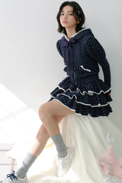 Navy Polka Dot Hooded Tracksuit Set-Up