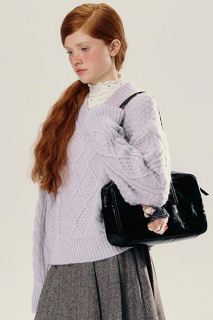 Purple V-Neck Pullover Knit Sweater